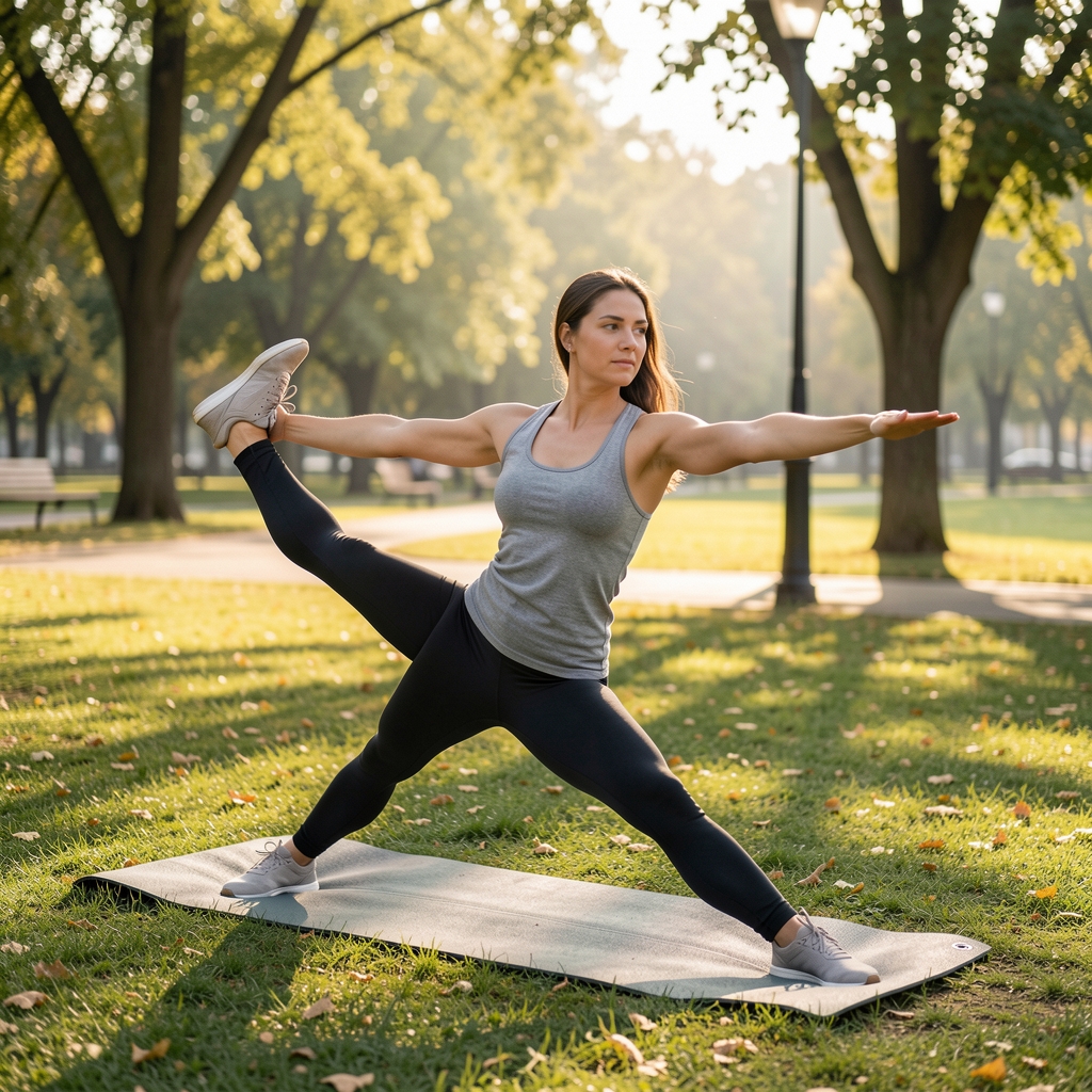Жена вежба у парку ујутру, лагане вежбе истезања, природно светло, активан начин живота